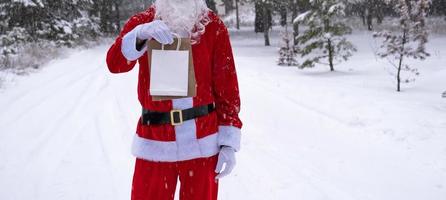 de kerstman claus buitenshuis in winter en sneeuw overhandigen in hand- papier Tassen met ambacht geschenk, voedsel levering. winkelen, verpakking recyclen, handgemaakt, levering voor Kerstmis en nieuw jaar foto