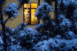 knus feestelijk venster van de huis buiten met de warm licht van fee lichten slingers binnen - vieren Kerstmis en nieuw jaar in een warm huis. Kerstmis boom, bokeh, sneeuw Aan pijnboom bomen en sneeuwval foto