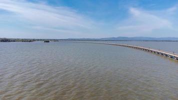 antenne visie van een verbazingwekkend reizen trein geparkeerd Aan een drijvend spoorweg brug over- de water van de meer in vader sak jolasid dam met blauw lucht Bij lopburi, Thailand. foto