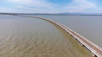 antenne visie van een verbazingwekkend reizen trein geparkeerd Aan een drijvend spoorweg brug over- de water van de meer in vader sak jolasid dam met blauw lucht Bij lopburi, Thailand. foto