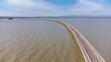 antenne visie van een verbazingwekkend reizen trein geparkeerd Aan een drijvend spoorweg brug over- de water van de meer in vader sak jolasid dam met blauw lucht Bij lopburi, Thailand. foto