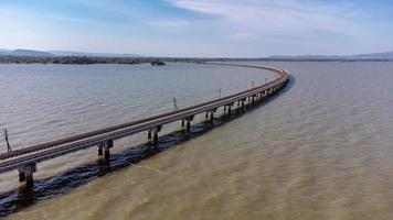 antenne visie van een verbazingwekkend reizen trein geparkeerd Aan een drijvend spoorweg brug over- de water van de meer in vader sak jolasid dam met blauw lucht Bij lopburi, Thailand. foto