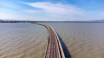 antenne visie van een verbazingwekkend reizen trein geparkeerd Aan een drijvend spoorweg brug over- de water van de meer in vader sak jolasid dam met blauw lucht Bij lopburi, Thailand. foto