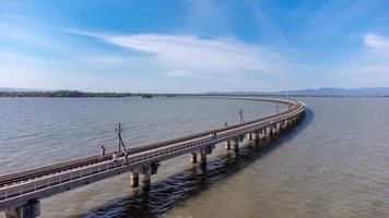 antenne visie van een verbazingwekkend reizen trein geparkeerd Aan een drijvend spoorweg brug over- de water van de meer in vader sak jolasid dam met blauw lucht Bij lopburi, Thailand. foto