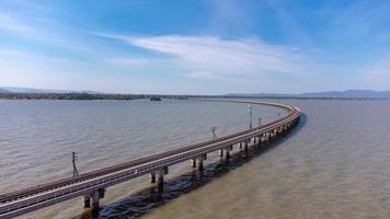 antenne visie van een verbazingwekkend reizen trein geparkeerd Aan een drijvend spoorweg brug over- de water van de meer in vader sak jolasid dam met blauw lucht Bij lopburi, Thailand. foto