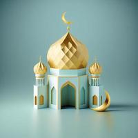 3d miniatuur illustratie van een moskee met gouden gloeiend koepel foto