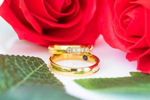 dichtbij omhoog goud ring en rood rozen Aan wit foto