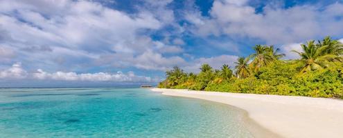 tropisch paradijs strand met wit zand en kokosnoot palmen reizen toerisme breed panorama achtergrond concept. mooi strand natuur, zomer vakantie en vakantie concept. zee zand lucht, vredig natuur visie foto