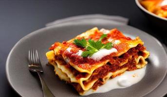 professioneel voedsel fotografie dichtbij omhoog van een bord van lasagne Aan een donker grijs achtergrond foto