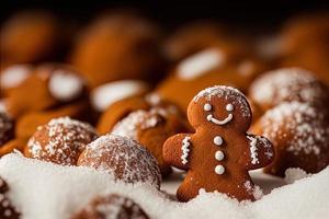 professioneel voedsel fotografie van een drie peperkoek Mens koekjes vallen foto