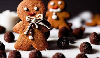 professioneel voedsel fotografie van een drie peperkoek Mens koekjes vallen foto