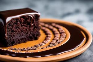 professioneel voedsel fotografiekoffie brownie gedekt met chocola glazuur met vrij ruimte in de omgeving van het foto