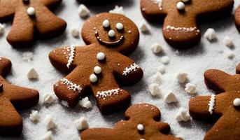 professioneel voedsel fotografie van een drie peperkoek Mens koekjes vallen foto