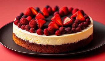 professioneel voedsel fotografie van een stuk van taart zittend Aan top van een rood bord foto