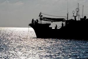 silhouet van Maldivisch visvangst boot in Maldiven Bij zonsondergang foto
