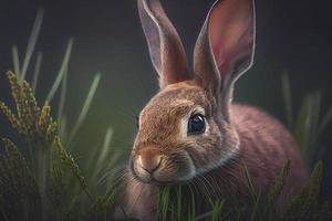 aanbiddelijk detailopname van een klein konijn zittend temidden van groen gras. perfect voor presentatie van de schattig en pluizig kant van natuur foto