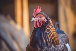 dichtbij omhoog van een kip Aan een boerderij, reeks tegen natuurlijk achtergrond. foto