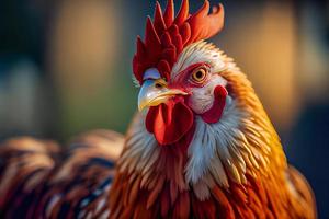 dichtbij omhoog van een kip Aan een boerderij, reeks tegen natuurlijk achtergrond. foto