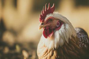 dichtbij omhoog van een kip Aan een boerderij, reeks tegen natuurlijk achtergrond. foto