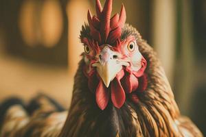 dichtbij omhoog van een kip Aan een boerderij, reeks tegen natuurlijk achtergrond. foto