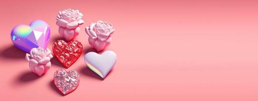 sprankelend 3d illustratie van hart, diamant en bloem vorm voor banier en achtergrond foto