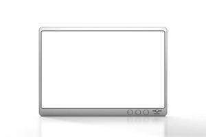 modern zilver computer toezicht houden op mockup geïsoleerd Aan wit achtergrond met cirkel knop, scherm met blanco met kopiëren ruimte voor een tekst foto