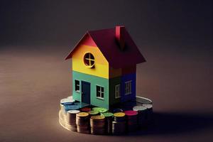 miniatuur kleurrijk huis Aan stack munten gebruik makend van net zo eigendom en financieel concept foto