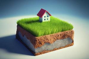 huis symbool met plaats pin icoon Aan aarde en groen gras in echt landgoed uitverkoop foto