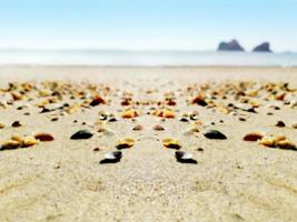 detailopname zand strand met schelp Aan wazig achtergrond. foto
