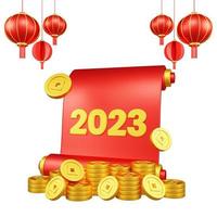 Chinese nieuw jaar 3d illustratie met ornament voor evenement Promotie sociaal media landen bladzijde rood lantaarns met papier rol en munten Aziatisch papier lampen foto