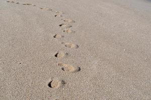 menselijk voet bijhouden Aan zanderig strand foto