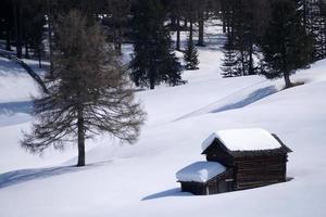 hout cabine hut in de winter sneeuw achtergrond foto