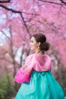 hanbok, de traditioneel Koreaans jurk en mooi Aziatisch meisje met sakura foto