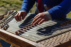 Mens Toneelstukken een oude traditioneel Russisch musical instrument - gusli. foto