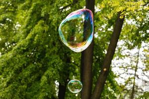 dichtbij omhoog van vliegend zeep bubbel met Super goed reflecties. vliegend over- groen achtergrond foto