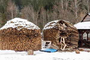 brandhout gestapeld in winter. hout stapel met sneeuw gestapeld voor brandhout. gehakt voorraad van brandhout onder sneeuw. aambeien van sneeuw gedekt brandhout Bij verkoudheid winter dag foto