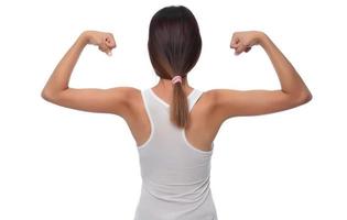 rong geschiktheid atleet, vrouw bodybuilder, buigen spieren, tonen fit lichaam foto