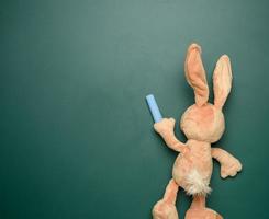 teddy konijn Holding een stuk van krijt Aan de achtergrond van een groen krijt school- schoolbord foto