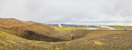 panoramisch afbeelding over- kleurrijk hverir geothermisch Oppervlakte van hverfjall vulkaan krater Aan IJsland in zomer gedurende dag foto