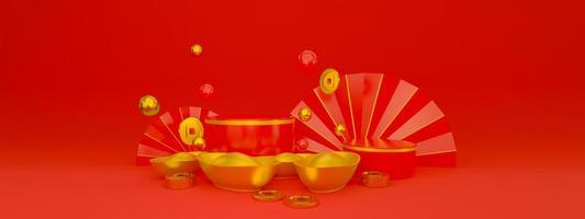 achtergrond voor Product Scherm rood goud voortreffelijk Chinese stijl. Chinese nieuw jaar. 3d geven foto