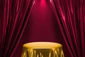 gouden zijde satijn kleding podium voor elegant luxe Product Scherm met rood zijde satijn gordijn achtergrond in abstract centrum samenstelling met spotlight 3d renderen illustratie foto