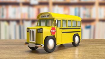 de school- bus Aan hout tafel voor onderwijs of vervoer concept 3d renderen foto