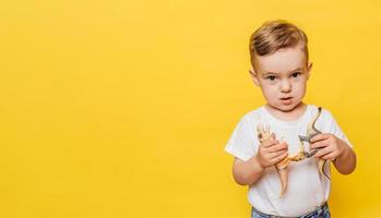 schattig lachend weinig jongen Aan een geel achtergrond met een dinosaurus speelgoed- in zijn handen. kopiëren ruimte. foto