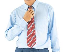 mannetje vervelend blauw overhemd en rood stropdas met knipsel pad foto