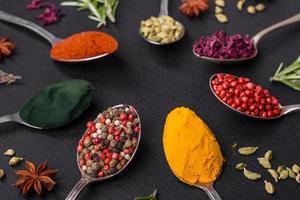 variatie van specerijen in metaal lepels paprika, kurkuma, kardemom, een mengsel van piment, tijm en rozemarijn foto