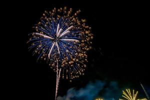 vuurwerk op de rivier in de donkere lucht foto