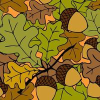 helder herfst naadloos patroon van eik bladeren en eikels Aan een oranje achtergrond, textuur, ontwerp foto