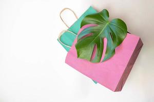 kleurrijk papier boodschappen doen Tassen en groen monster blad geïsoleerd Aan wit achtergrond foto