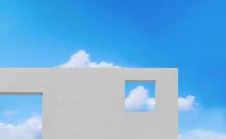 muur beton structuur met Open venster tegen wolken en blauw lucht achtergrond, buitenkant wit verf cement muur gebouw, minimaal modern architectuur met plein kader in voorjaar of zomer lucht foto