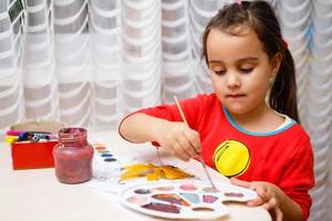 weinig meisje schilderij Aan herfst geel bladeren met gouache kinderen kunsten kinderen creativiteit herfst kunst foto